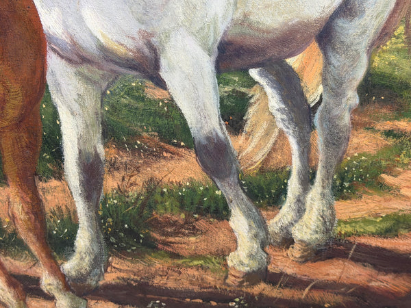 Oil Painting Grey Mare Standing Beside Chestnut Foal Mother and Son