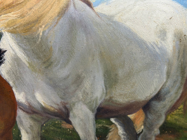 Oil Painting Grey Mare Standing Beside Chestnut Foal Mother and Son