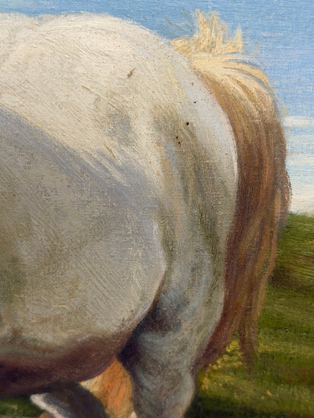 Oil Painting Grey Mare Standing Beside Chestnut Foal Mother and Son