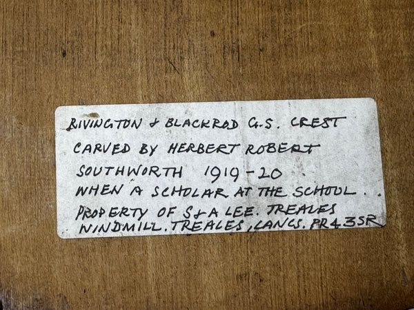 ✍️ From Scholar’s Hands: A 1919 Hand-Carved Crest of Rivington & Blackrod Grammar School