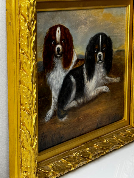 British 19th Century Oil Painting Animal Portrait Of King Charles Spaniel Dogs