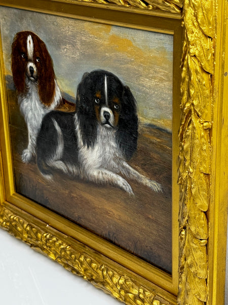 British 19th Century Oil Painting Animal Portrait Of King Charles Spaniel Dogs