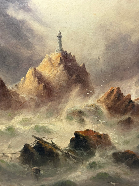 La Corbière Lighthouse Shipwreck Beneath, Jersey Victorian Marine Painting