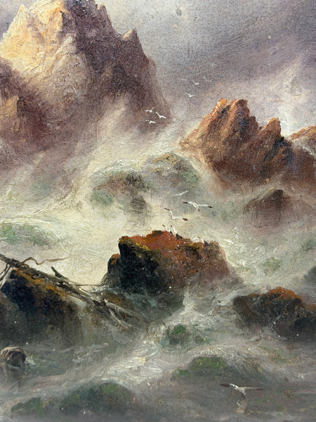 La Corbière Lighthouse Shipwreck Beneath, Jersey Victorian Marine Painting
