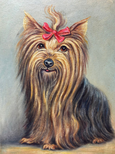 “Duchess”: Yorkshire Terrier with Congo Pink Bow 🎀 Painted in the Style of John Emms
