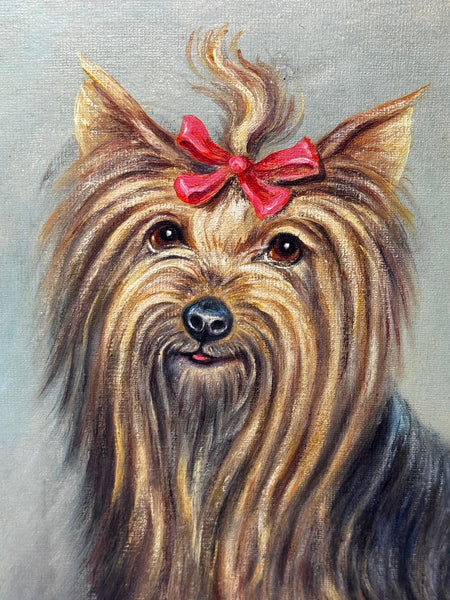 “Duchess”: Yorkshire Terrier with Congo Pink Bow 🎀 Painted in the Style of John Emms