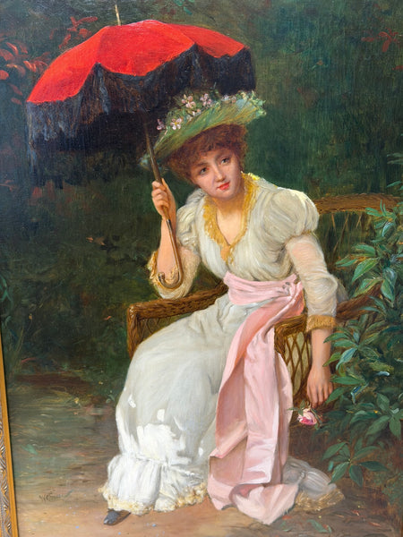 William Oliver Victorian Oil Painting of a Young Lady with a Red Parasol
