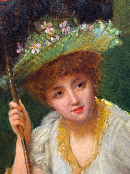 William Oliver Victorian Oil Painting of a Young Lady with a Red Parasol