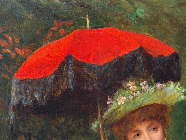 William Oliver Victorian Oil Painting of a Young Lady with a Red Parasol