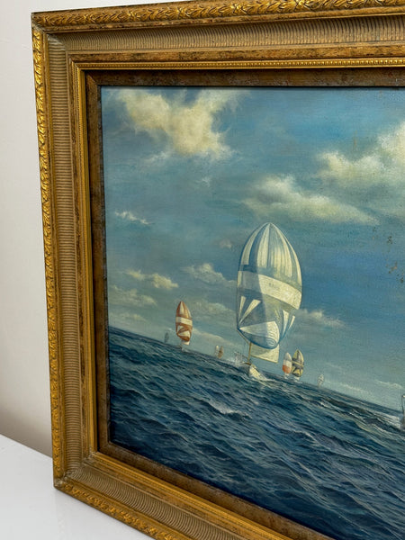 Oil Painting Admirals Cup Yacht Cross Channel Race 1969 Off Cowes Isle Wight
