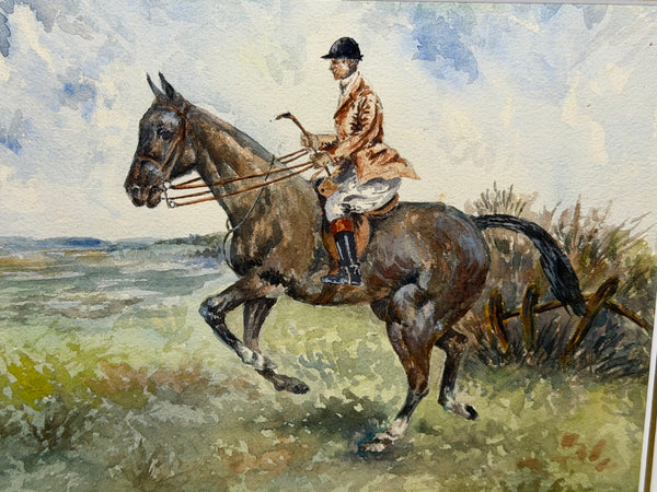Equestrian Watercolour Mounted Huntsman on a Bay Hunter