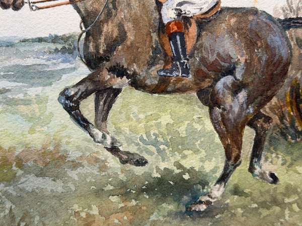 Equestrian Watercolour Mounted Huntsman on a Bay Hunter