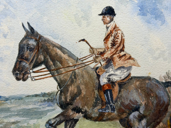 Equestrian Watercolour Mounted Huntsman on a Bay Hunter