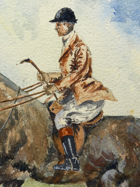 Equestrian Watercolour Mounted Huntsman on a Bay Hunter