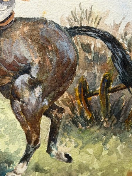 Equestrian Watercolour Mounted Huntsman on a Bay Hunter