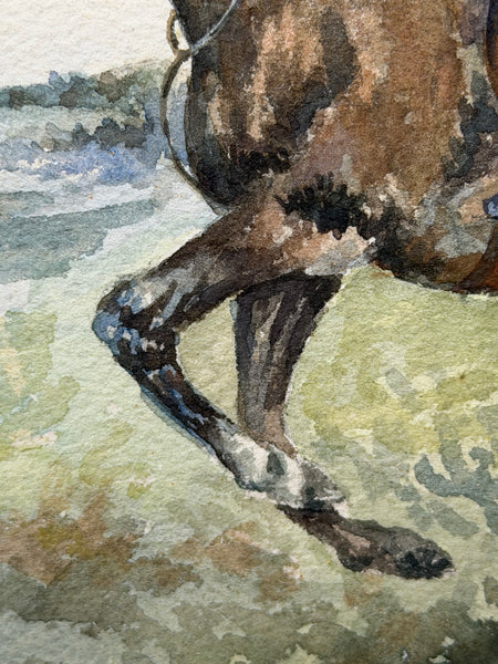 Equestrian Watercolour Mounted Huntsman on a Bay Hunter