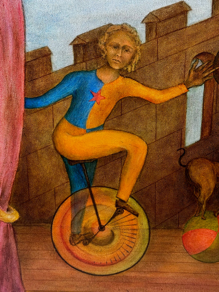 Circus Cyclist British Lyrical Surrealism in the Spirit of Paul Delvaux — Oil on Canvas