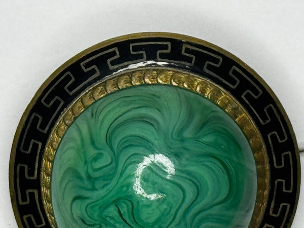 ✨ Victorian Malachite & Greek Key Enamel Brooch – Neoclassical Revival Antique c.1865