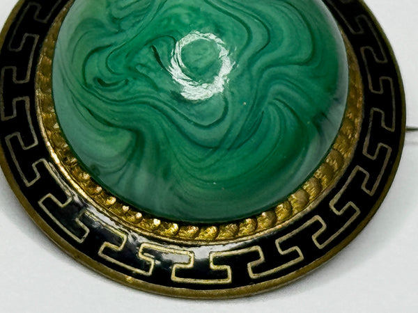 ✨ Victorian Malachite & Greek Key Enamel Brooch – Neoclassical Revival Antique c.1865