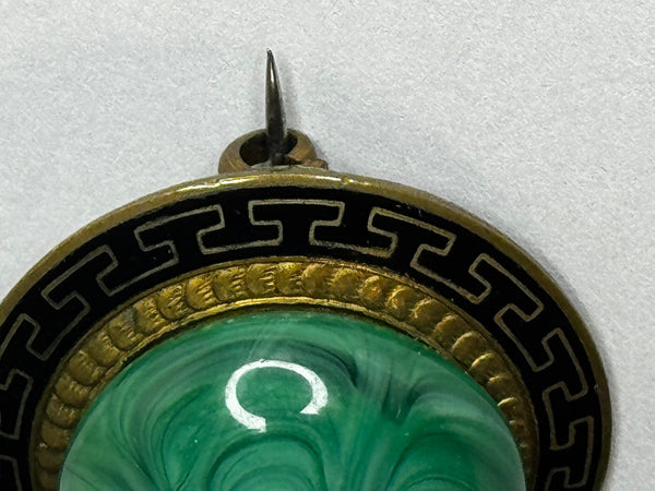 ✨ Victorian Malachite & Greek Key Enamel Brooch – Neoclassical Revival Antique c.1865