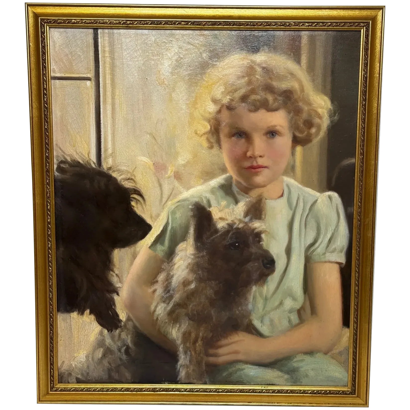 Oil Painting Mary with Cairn Terriers In the Manner of Sir Harrington Mann C1940
