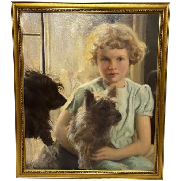 Oil Painting Mary with Cairn Terriers In the Manner of Sir Harrington Mann C1940