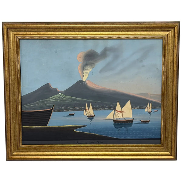 19th Century Neapolitan School Mount Vesuvius Eruption 1844 Gouache Painting