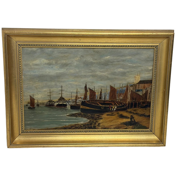 19th Century Oil Painting North Shields Harbour, River Tyne, with The Old Low Light Lighthouse