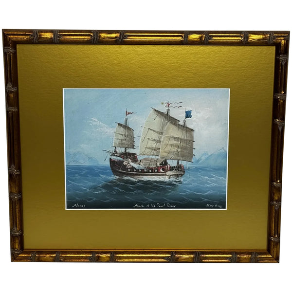 Colonial Marine Painting Inbound Junk Sailing Boat at the Mouth of the Pearl River, Hong Kong c1914