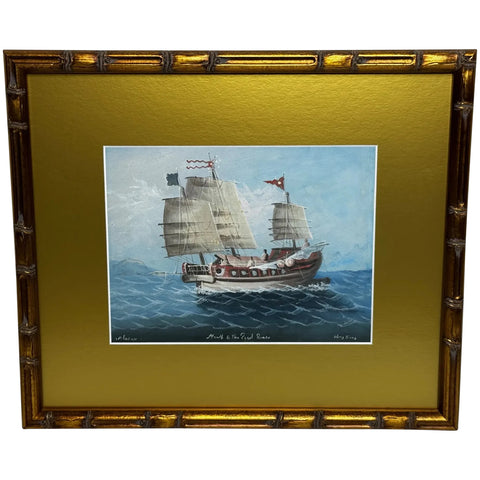 Colonial Marine Painting Outbound Junk Sailing Ship on the Pearl River Hong Kong c1914