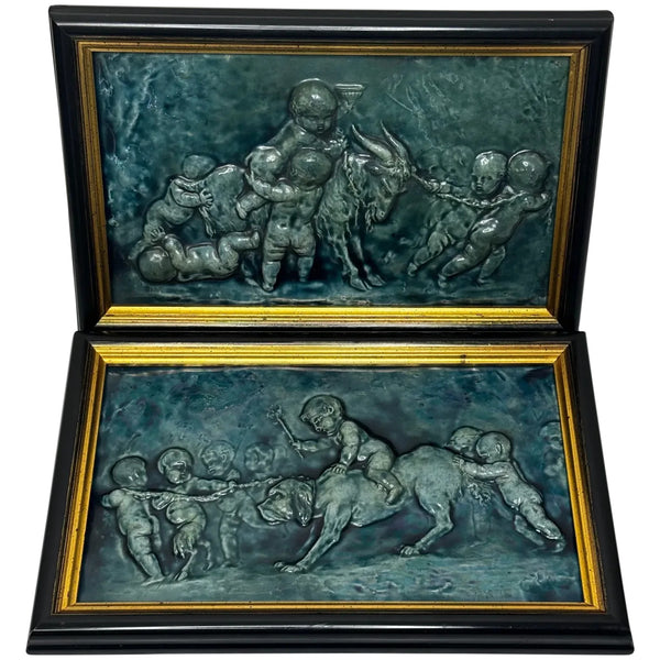 🌊 Pair of Arts & Crafts Turquoise Relief Tile Plaque Sculptures, c.1909 Attributed Reginald Robert Tomlinson