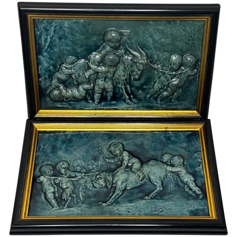 🌊 Pair of Arts & Crafts Turquoise Relief Tile Plaque Sculptures, c.1909 Attributed Reginald Robert Tomlinson