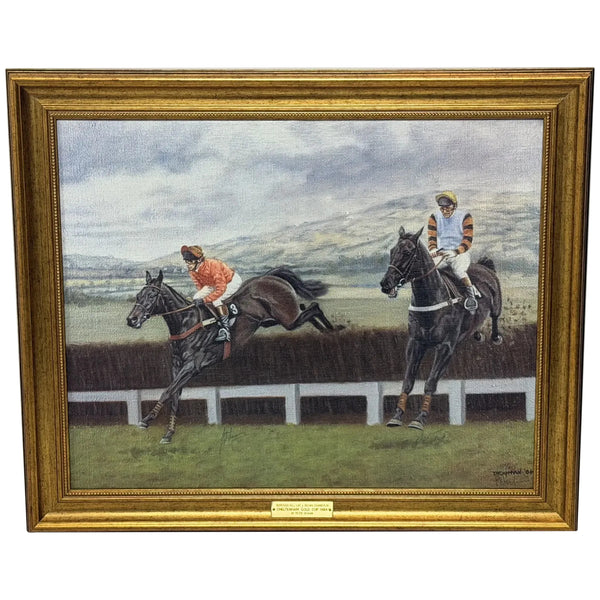 Peter Deighan Sporting Oil Painting Burrough Hill Lad  & Brown Chamberlin Cheltenham Gold Cup 1984 Signed Both Jockeys