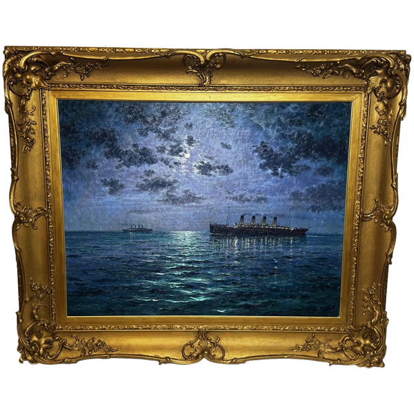 Ships That Pass in the Night — RMS Titanic by Moonlight with RMS Olympic on the Horizon — Oil on Canvas