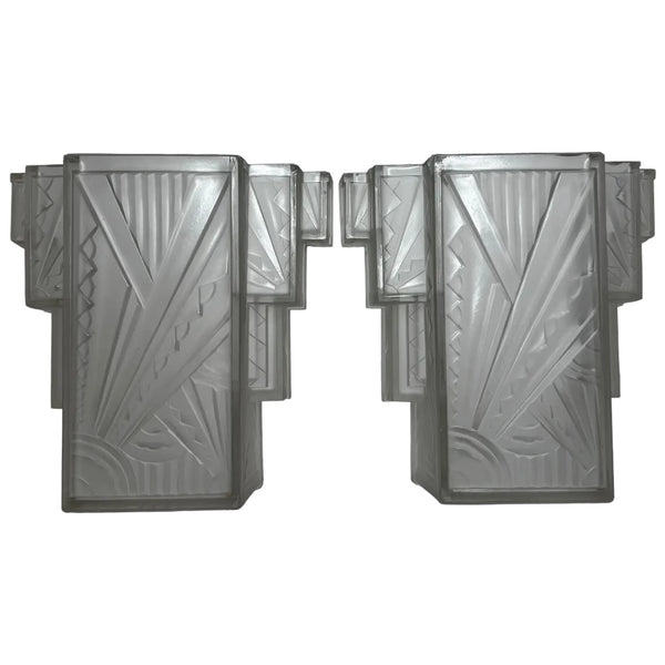 Pair Art Deco Skyscraper Glass Wall Appliqué Sconces in the Manner Of Marius-Ernest Sabino