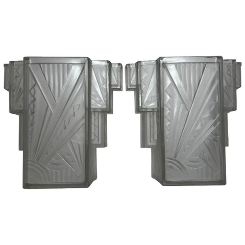 Pair Art Deco Skyscraper Glass Wall Appliqué Sconces in the Manner Of Marius-Ernest Sabino