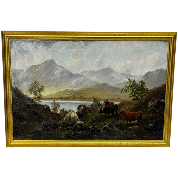 🐄 Victorian Oil Painting Beneath Ben Nevis Longhorn Cattle by Loch Linnhe