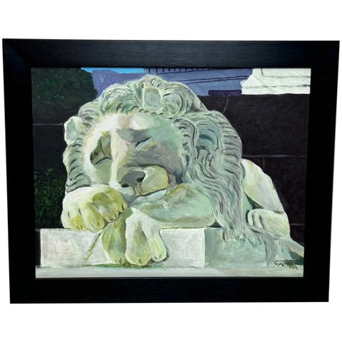 British Architectural Oil Painting Landseer's Lions Sculpture Foot Nelson Column - Cheshire Antiques Consultant Ltd