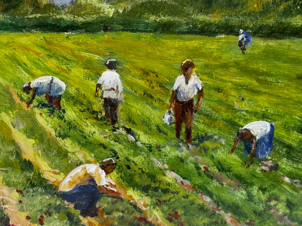 British Impressionist Oil Painting Busy Pickers In Strawberry Fields In South Downs - Cheshire Antiques Consultant Ltd