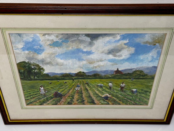 British Impressionist Oil Painting Busy Pickers In Strawberry Fields In South Downs - Cheshire Antiques Consultant Ltd