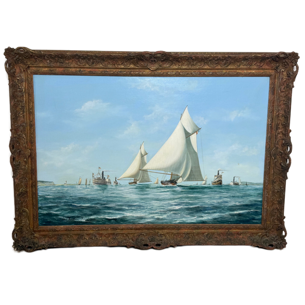 America's Cup Marine Oil Painting Depicting Mischief & Atalanta at the Start of the 1881 Race Signed John Bentham-Dinsdale