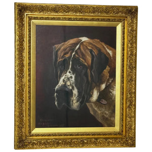 English Edwardian Oil Painting Prized Champion Saint Bernard Dog By Frederick Thomas Daws - Cheshire Antiques Consultant Ltd