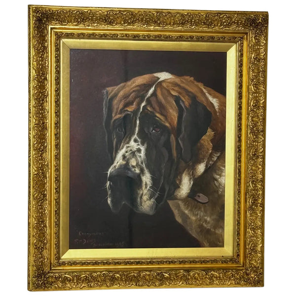 English Edwardian Oil Painting Prized Champion Saint Bernard Dog By Frederick Thomas Daws - Cheshire Antiques Consultant Ltd