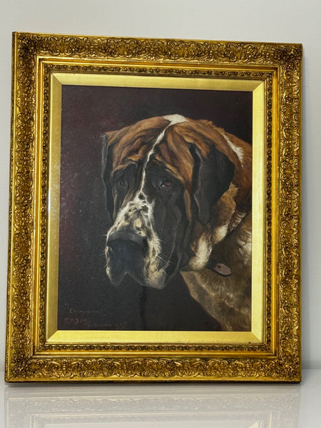 English Edwardian Oil Painting Prized Champion Saint Bernard Dog By Frederick Thomas Daws - Cheshire Antiques Consultant Ltd