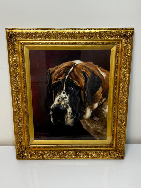 English Edwardian Oil Painting Prized Champion Saint Bernard Dog By Frederick Thomas Daws - Cheshire Antiques Consultant Ltd