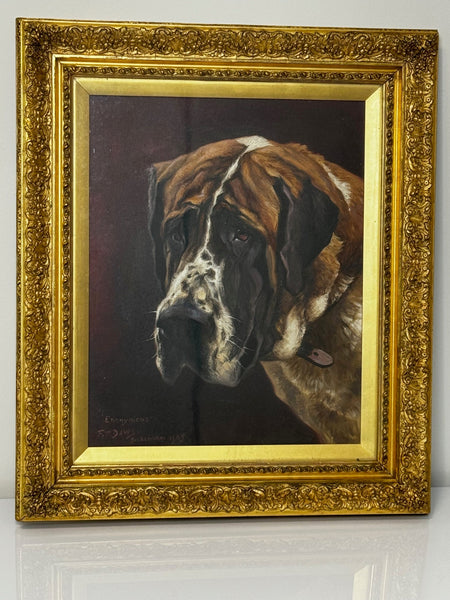 English Edwardian Oil Painting Prized Champion Saint Bernard Dog By Frederick Thomas Daws - Cheshire Antiques Consultant Ltd