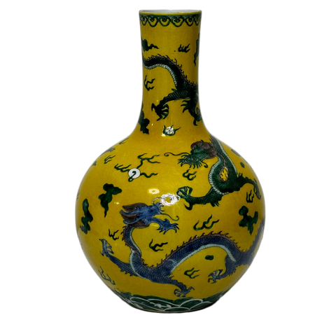 Chinese Qing Porcelain 3 Dragons Yellow Ground Tianqiuping Vase Yongzheng Seal