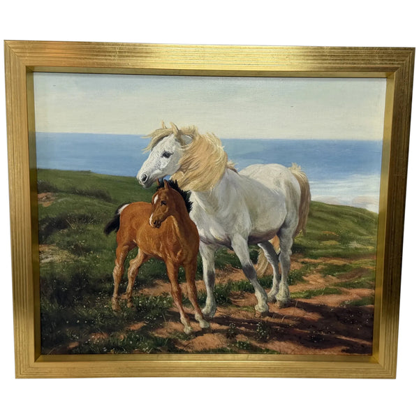 Oil Painting Grey Mare Standing Beside Chestnut Foal Mother and Son