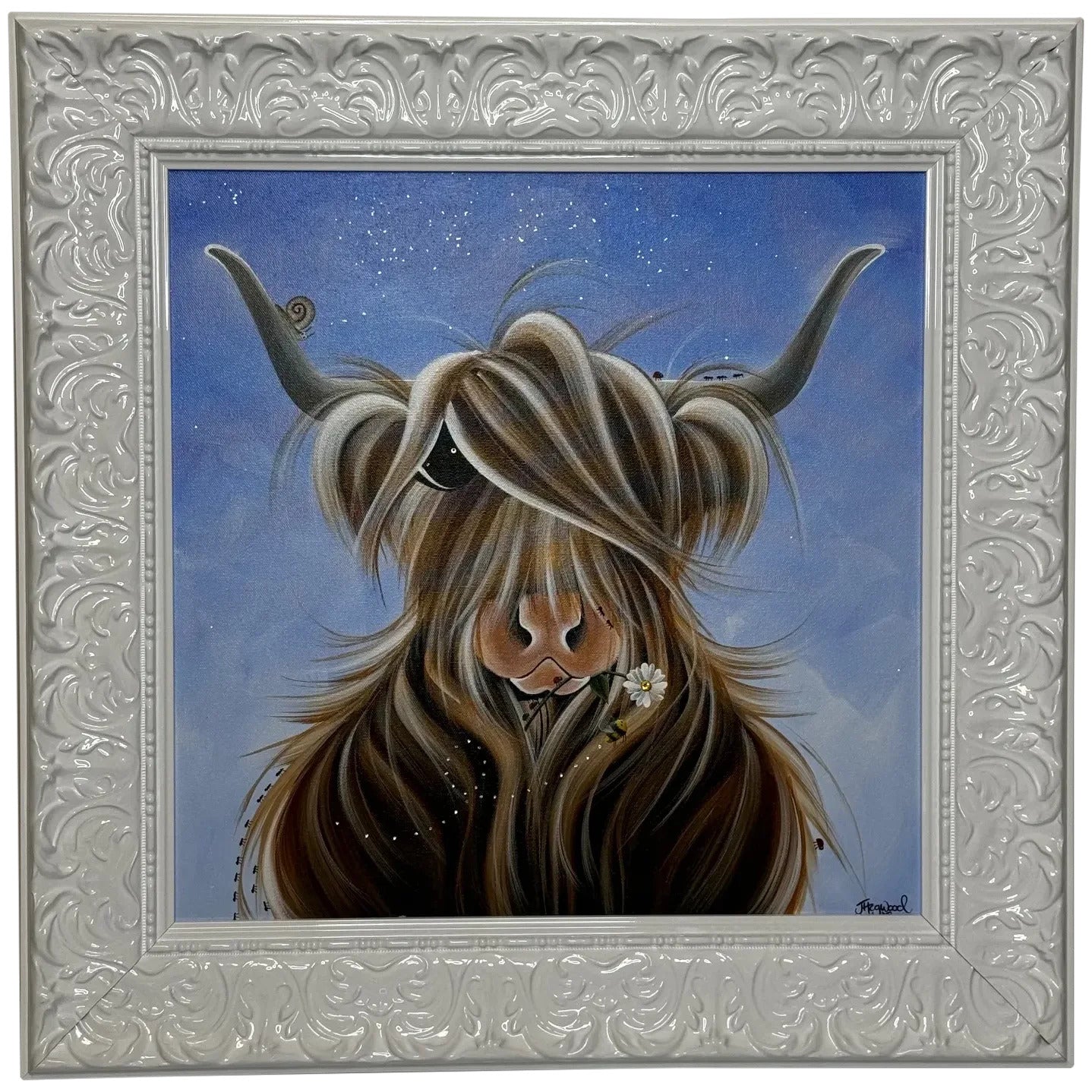 Highland Horned Cow Oil Painting McMoo With Garden Insects By Jennifer Hogwood - Cheshire Antiques Consultant Ltd