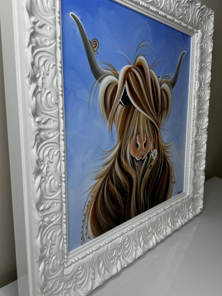 Highland Horned Cow Oil Painting McMoo With Garden Insects By Jennifer Hogwood - Cheshire Antiques Consultant Ltd